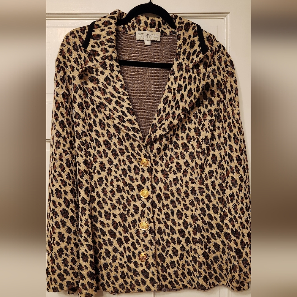 St. John Leopard Jacquard Blazer in Beige, Brown and Black with Gold Buttons